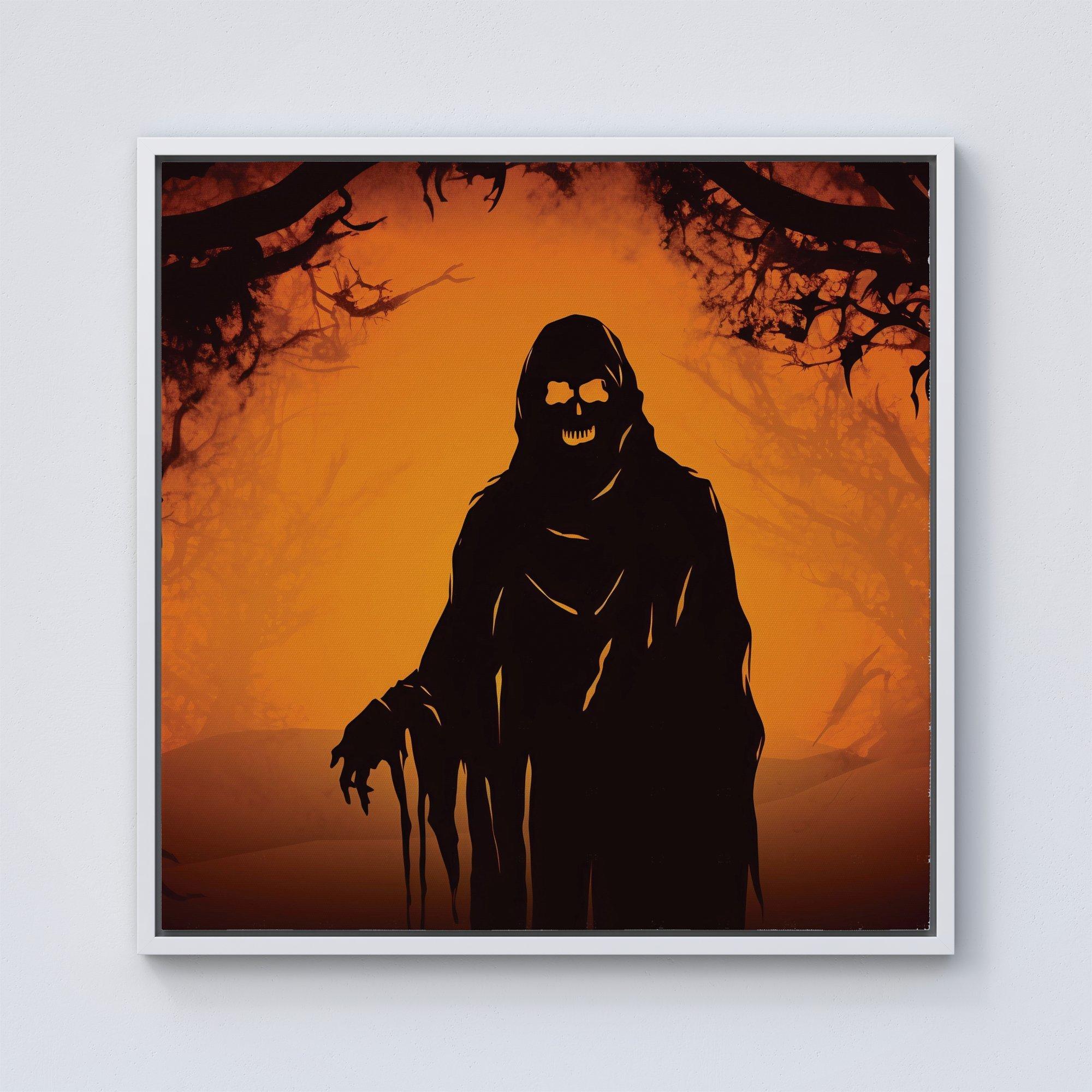 A Spooky Black And Orange Ghost Framed Canvas